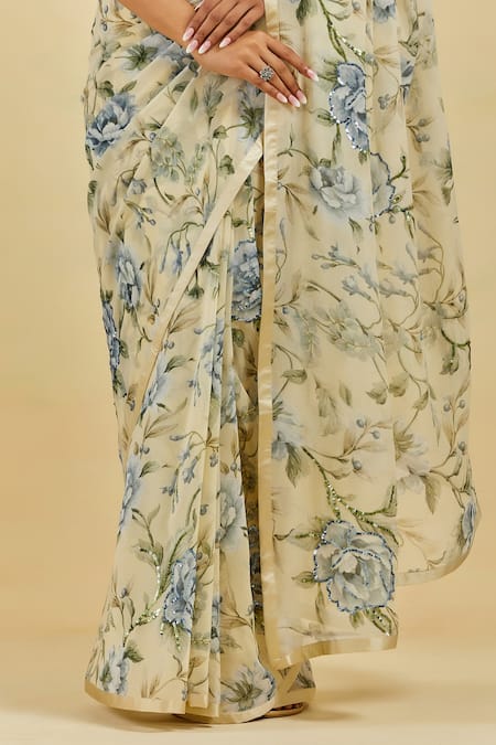Shop Atelier Shikaarbagh Yellow Saree - French Chiffon Floral Print, Sequins Avril Online at Aza Fashions Shop_Atelier Shikaarbagh_Yellow Saree - French Chiffon Floral Print, Sequins Avril _Online_at_Aza_Fashions