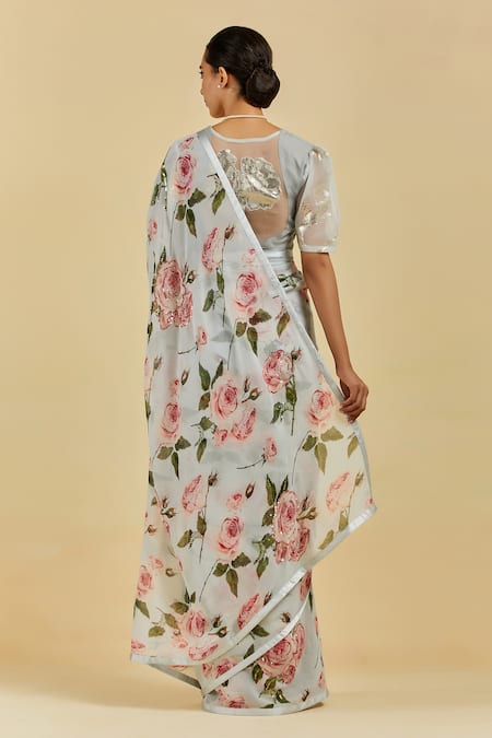 Shop Atelier Shikaarbagh Blue Saree - French Chiffon Floral Print, Sequins Beatrice at Aza Fashions Shop_Atelier Shikaarbagh_Blue Saree - French Chiffon Floral Print, Sequins Beatrice _at_Aza_Fashions