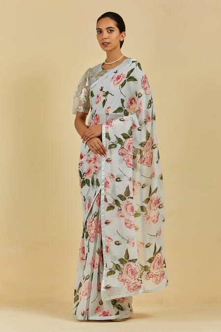 Atelier Shikaarbagh Blue Saree - French Chiffon Floral Print, Sequins Beatrice Online at Aza Fashions Atelier Shikaarbagh_Blue Saree - French Chiffon Floral Print, Sequins Beatrice _Online_at_Aza_Fashions