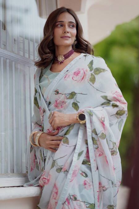 Buy Atelier Shikaarbagh Blue Saree - French Chiffon Floral Print, Sequins Beatrice Online at Aza Fashions Buy_Atelier Shikaarbagh_Blue Saree - French Chiffon Floral Print, Sequins Beatrice _Online_at_Aza_Fashions