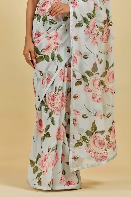 Shop Atelier Shikaarbagh Blue Saree - French Chiffon Floral Print, Sequins Beatrice Online at Aza Fashions Shop_Atelier Shikaarbagh_Blue Saree - French Chiffon Floral Print, Sequins Beatrice _Online_at_Aza_Fashions
