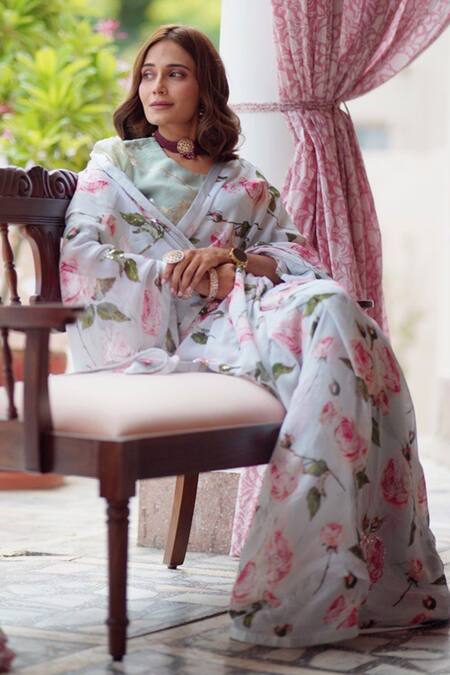 Atelier Shikaarbagh Blue Saree - French Chiffon Floral Print, Sequins Beatrice at Aza Fashions Atelier Shikaarbagh_Blue Saree - French Chiffon Floral Print, Sequins Beatrice _at_Aza_Fashions