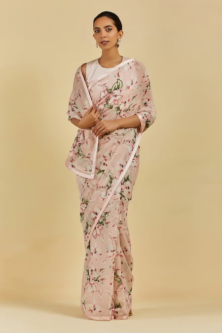 Atelier Shikaarbagh Pink Saree - French Chiffon Floral Print, Sequins Madelyn