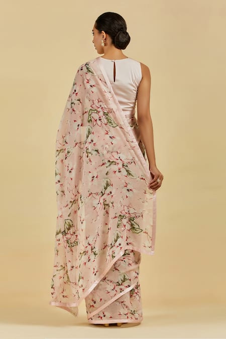 Shop Atelier Shikaarbagh Pink Saree - French Chiffon Floral Print, Sequins Madelyn at Aza Fashions Shop_Atelier Shikaarbagh_Pink Saree - French Chiffon Floral Print, Sequins Madelyn _at_Aza_Fashions