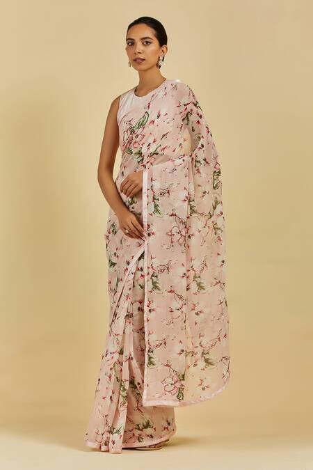Atelier Shikaarbagh Pink Saree - French Chiffon Floral Print, Sequins Madelyn Online at Aza Fashions Atelier Shikaarbagh_Pink Saree - French Chiffon Floral Print, Sequins Madelyn _Online_at_Aza_Fashions