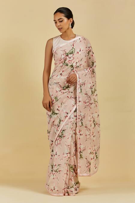 Buy Atelier Shikaarbagh Pink Saree - French Chiffon Floral Print, Sequins Madelyn Online at Aza Fashions Buy_Atelier Shikaarbagh_Pink Saree - French Chiffon Floral Print, Sequins Madelyn _Online_at_Aza_Fashions