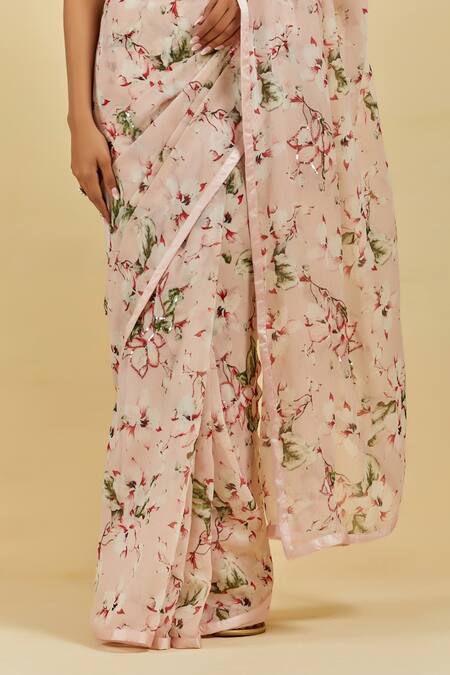 Shop Atelier Shikaarbagh Pink Saree - French Chiffon Floral Print, Sequins Madelyn Online at Aza Fashions Shop_Atelier Shikaarbagh_Pink Saree - French Chiffon Floral Print, Sequins Madelyn _Online_at_Aza_Fashions