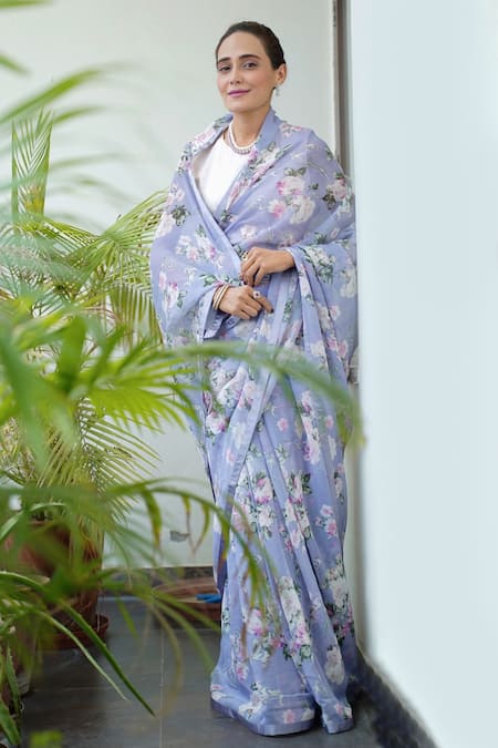 Atelier Shikaarbagh Blue Saree - French Chiffon Floral Print Sophie