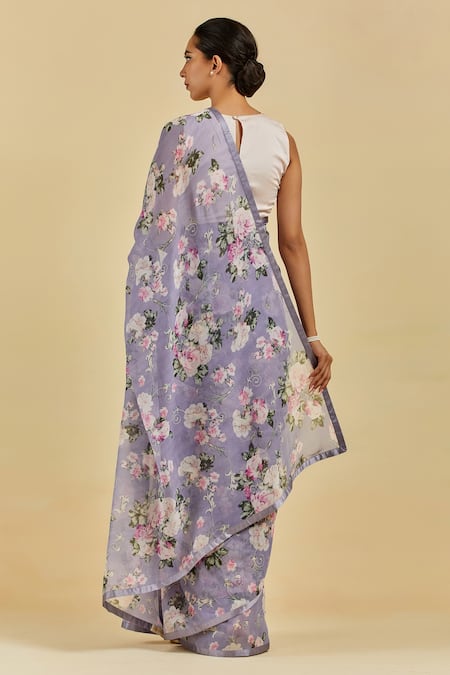 Shop Atelier Shikaarbagh Blue Saree - French Chiffon Floral Print Sophie at Aza Fashions Shop_Atelier Shikaarbagh_Blue Saree - French Chiffon Floral Print Sophie _at_Aza_Fashions