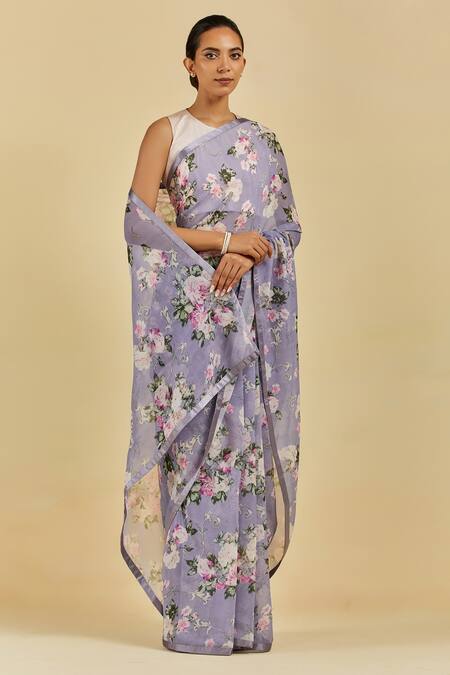 Atelier Shikaarbagh Blue Saree - French Chiffon Floral Print Sophie Online at Aza Fashions Atelier Shikaarbagh_Blue Saree - French Chiffon Floral Print Sophie _Online_at_Aza_Fashions