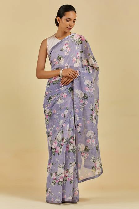 Buy Atelier Shikaarbagh Blue Saree - French Chiffon Floral Print Sophie Online at Aza Fashions Buy_Atelier Shikaarbagh_Blue Saree - French Chiffon Floral Print Sophie _Online_at_Aza_Fashions