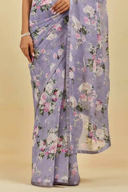 Shop Atelier Shikaarbagh Blue Saree - French Chiffon Floral Print Sophie Online at Aza Fashions Shop_Atelier Shikaarbagh_Blue Saree - French Chiffon Floral Print Sophie _Online_at_Aza_Fashions