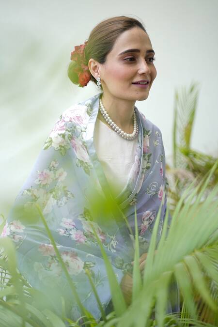 Atelier Shikaarbagh_Blue Saree - French Chiffon Floral Print Sophie _at_Aza_Fashions