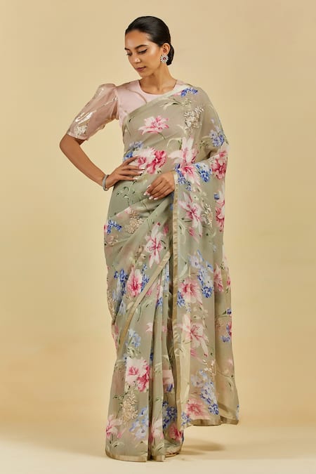Atelier Shikaarbagh Grey Saree - French Chiffon Floral Print Celine