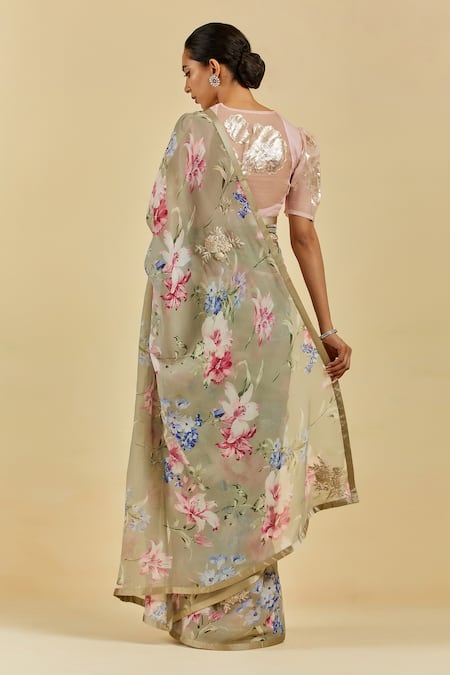 Shop Atelier Shikaarbagh Grey Saree - French Chiffon Floral Print Celine at Aza Fashions Shop_Atelier Shikaarbagh_Grey Saree - French Chiffon Floral Print Celine _at_Aza_Fashions