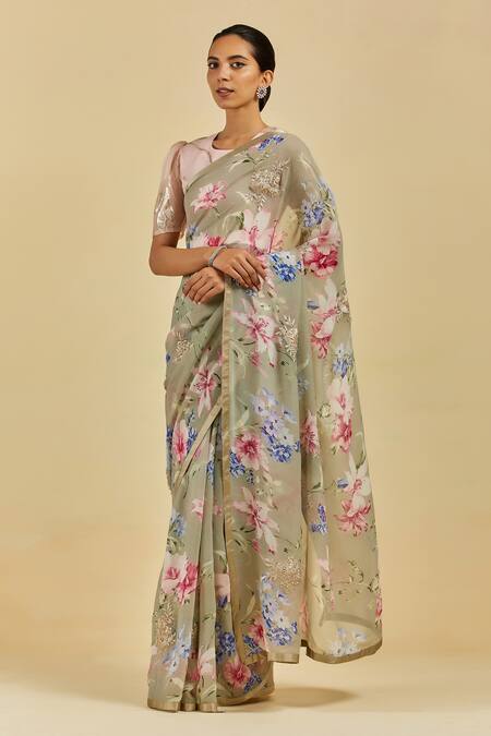 Atelier Shikaarbagh Grey Saree - French Chiffon Floral Print Celine Online at Aza Fashions Atelier Shikaarbagh_Grey Saree - French Chiffon Floral Print Celine _Online_at_Aza_Fashions