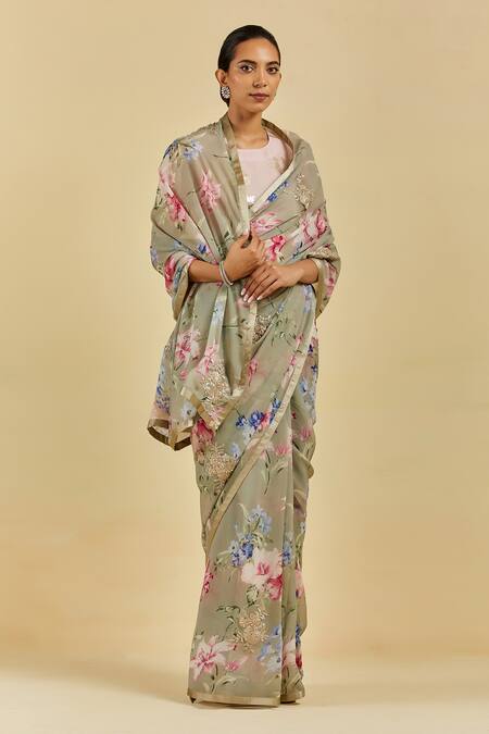 Buy Atelier Shikaarbagh Grey Saree - French Chiffon Floral Print Celine Online at Aza Fashions Buy_Atelier Shikaarbagh_Grey Saree - French Chiffon Floral Print Celine _Online_at_Aza_Fashions