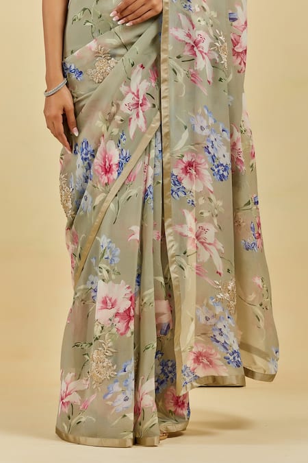 Shop Atelier Shikaarbagh Grey Saree - French Chiffon Floral Print Celine Online at Aza Fashions Shop_Atelier Shikaarbagh_Grey Saree - French Chiffon Floral Print Celine _Online_at_Aza_Fashions
