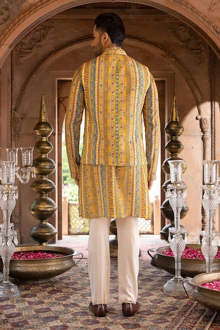 Shop_Chhavvi Aggarwal_Yellow Crepe, Chanderi , Glaze Geometric Printed Bundi And Kurta Set _at_Aza_Fashions