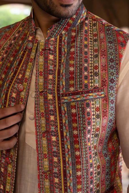 Chhavvi Aggarwal_Multi Color Crepe, Chanderi , Glaze Printed Bundi And Kurta Set _Online_at_Aza_Fashions