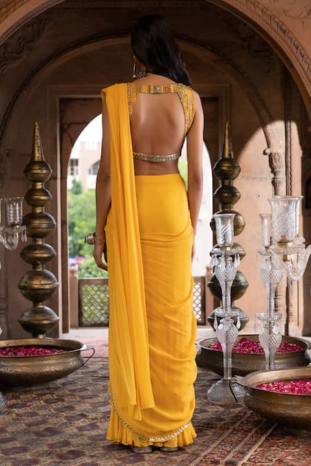 Shop_Chhavvi Aggarwal_Yellow Crepe And Georgette Lining Shantoon Pre-draped Ruffle Saree With Blouse _at_Aza_Fashions
