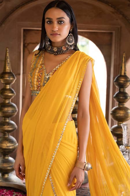 Chhavvi Aggarwal_Yellow Crepe And Georgette Lining Shantoon Pre-draped Ruffle Saree With Blouse _Online_at_Aza_Fashions