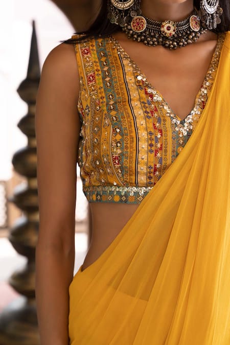 Buy_Chhavvi Aggarwal_Yellow Crepe And Georgette Lining Shantoon Pre-draped Ruffle Saree With Blouse _Online_at_Aza_Fashions