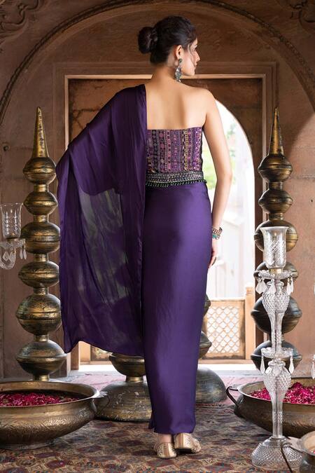 Shop_Chhavvi Aggarwal_Purple Crepe, Organza And Georgette Lining Strapless Saree Gown With Belt _at_Aza_Fashions