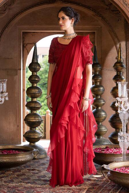 Chhavvi Aggarwal_Maroon Organza And Georgette Lining Pre-draped Ruffle Saree With Blouse _Online_at_Aza_Fashions