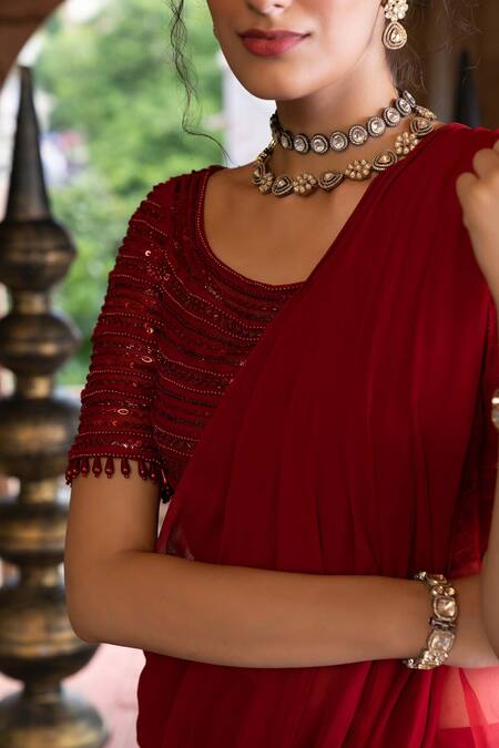 Buy_Chhavvi Aggarwal_Maroon Organza And Georgette Lining Pre-draped Ruffle Saree With Blouse _Online_at_Aza_Fashions