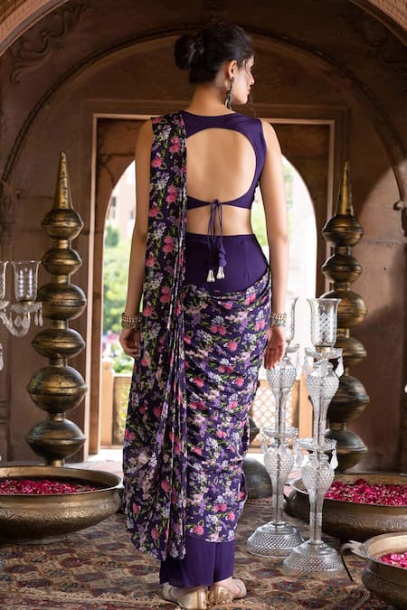 Shop Chhavvi Aggarwal Purple Crepe Lining Shantoon Floral Print, Dabka And Pant Saree With Blouse at Aza Fashions Shop_Chhavvi Aggarwal_Purple Crepe Lining Shantoon Floral Print, Dabka And Pant Saree With Blouse _at_Aza_Fashions