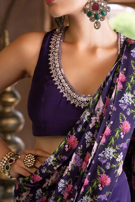 Buy Chhavvi Aggarwal Purple Crepe Lining Shantoon Floral Print, Dabka And Pant Saree With Blouse Online at Aza Fashions Buy_Chhavvi Aggarwal_Purple Crepe Lining Shantoon Floral Print, Dabka And Pant Saree With Blouse _Online_at_Aza_Fashions