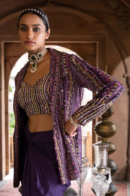 Chhavvi Aggarwal Purple Satin And Crepe Lining Shantoon Geometric Print Jacket With Draped Skirt Online at Aza Fashions Chhavvi Aggarwal_Purple Satin And Crepe Lining Shantoon Geometric Print Jacket With Draped Skirt_Online_at_Aza_Fashions