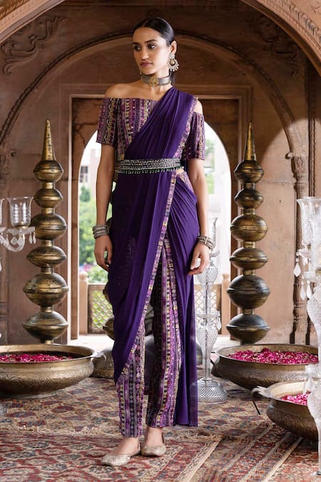 Buy_Chhavvi Aggarwal_Purple Georgette And Crepe Lining Shantoon Geometric Pant Saree With Blouse _Online_at_Aza_Fashions