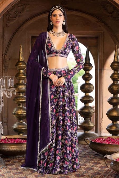 Chhavvi Aggarwal Purple Crepe And Georgette Lining Shantoon Print & Embroidery Floral Lehenga Set 