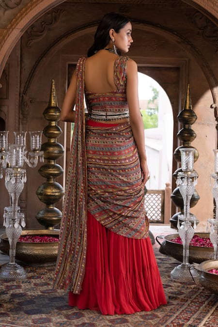 Shop_Chhavvi Aggarwal_Red Crepe And Georgette Lining Shantoon Geometric Sharara Saree With Blouse _at_Aza_Fashions