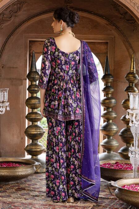 Shop Chhavvi Aggarwal Purple Crepe And Organza Lining Shantoon Cutdana, Floral Kurta Sharara Set at Aza Fashions Shop_Chhavvi Aggarwal_Purple Crepe And Organza Lining Shantoon Cutdana, Floral Kurta Sharara Set_at_Aza_Fashions