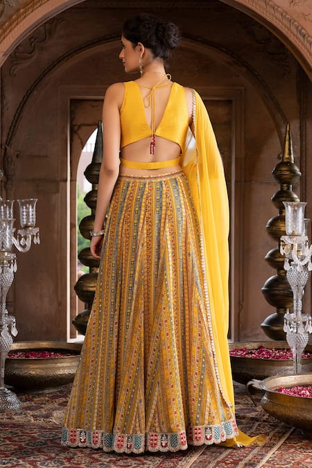 Shop Chhavvi Aggarwal Yellow Crepe, Raw Silk And Georgette Lining Shantoon Geometric Print Lehenga Set at Aza Fashions Shop_Chhavvi Aggarwal_Yellow Crepe, Raw Silk And Georgette Lining Shantoon Geometric Print Lehenga Set _at_Aza_Fashions
