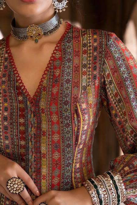 Chhavvi Aggarwal Red Crepe, Georgette Beads, Sequins Printed Jacket Style Tunic And Palazzo Set For Kids Online at Aza Fashions Chhavvi Aggarwal_Red Crepe, Georgette Beads, Sequins Printed Jacket Style Tunic And Palazzo Set For Kids_Online_at_Aza_Fashions