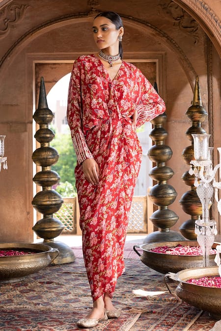 Chhavvi Aggarwal Maroon Crepe Lining Shantoon Floral Print And Sequin V Neck Draped Dress 