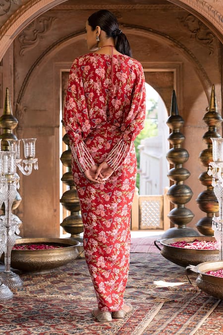 Shop Chhavvi Aggarwal Maroon Crepe Lining Shantoon Floral Print And Sequin V Neck Draped Dress at Aza Fashions Shop_Chhavvi Aggarwal_Maroon Crepe Lining Shantoon Floral Print And Sequin V Neck Draped Dress_at_Aza_Fashions