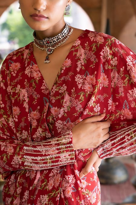 Buy Chhavvi Aggarwal Maroon Crepe Lining Shantoon Floral Print And Sequin V Neck Draped Dress Online at Aza Fashions Buy_Chhavvi Aggarwal_Maroon Crepe Lining Shantoon Floral Print And Sequin V Neck Draped Dress_Online_at_Aza_Fashions