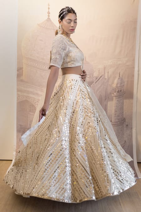 Neha & Tarun_Beige Organza, Chanderi, Lining Shantoon Embroidered Bridal Lehenga Set _Online_at_Aza_Fashions