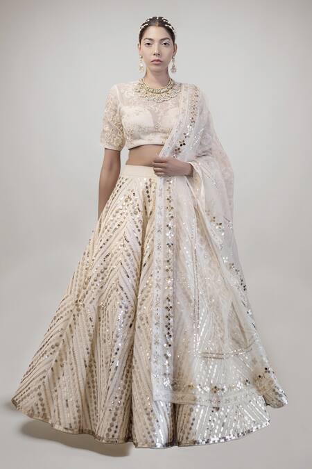 Buy_Neha & Tarun_Beige Organza, Chanderi, Lining Shantoon Embroidered Bridal Lehenga Set _Online_at_Aza_Fashions