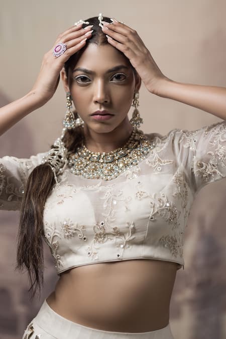 Shop_Neha & Tarun_Beige Organza, Chanderi, Lining Shantoon Embroidered Bridal Lehenga Set _Online_at_Aza_Fashions