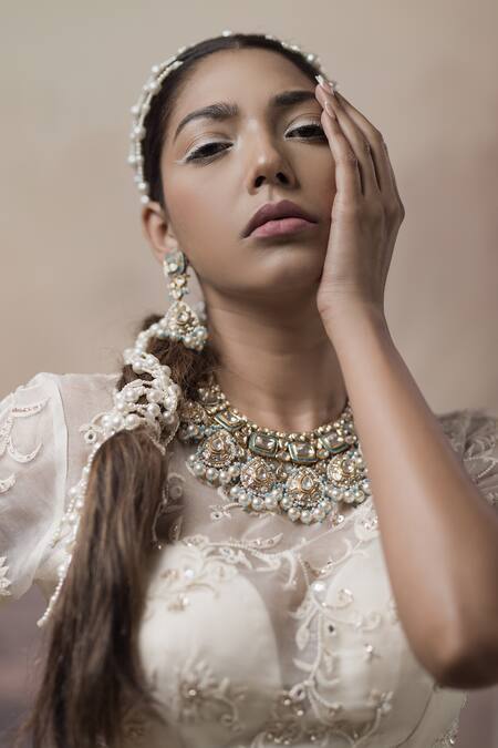 Neha & Tarun_Beige Organza, Chanderi, Lining Shantoon Embroidered Bridal Lehenga Set _at_Aza_Fashions