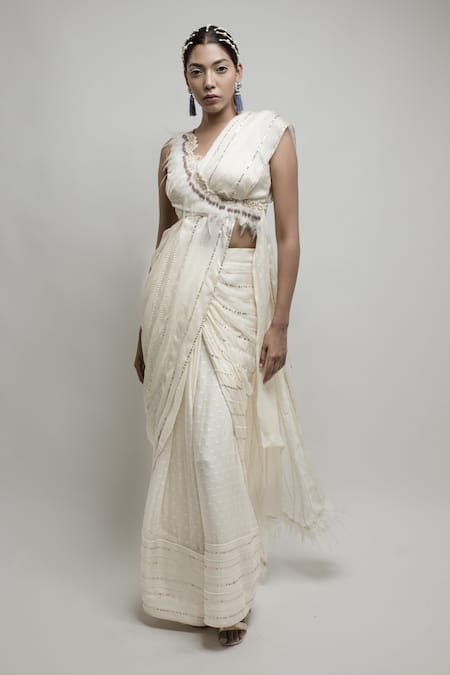 Buy_Neha & Tarun_Beige Chiffon, Lining Shantoon Sequin, Zardozi V Pre-draped Saree With Blouse_Online_at_Aza_Fashions