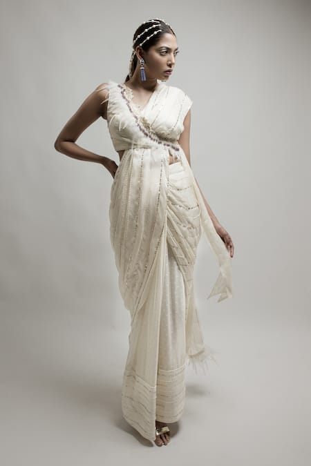Shop_Neha & Tarun_Beige Chiffon, Lining Shantoon Sequin, Zardozi V Pre-draped Saree With Blouse_Online_at_Aza_Fashions