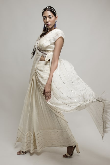 Neha & Tarun_Beige Chiffon, Lining Shantoon Sequin, Zardozi V Pre-draped Saree With Blouse_at_Aza_Fashions