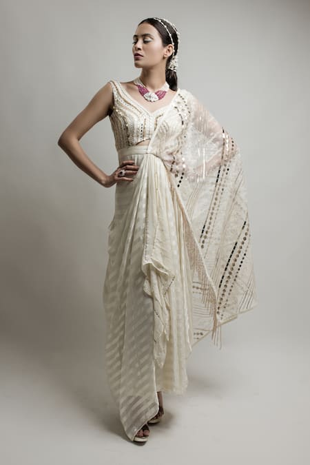 Georgette Embroidered Indowestern saree style gown by calista, 3/4 Sleeve  at Rs 1799 in New Delhi